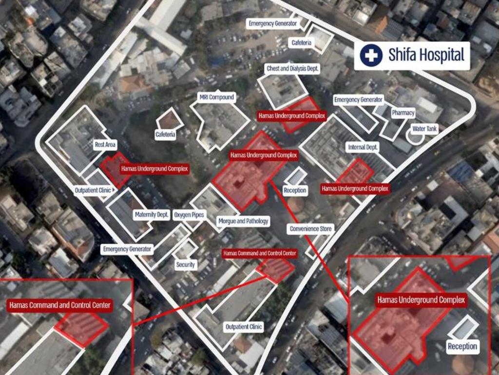 An IDF diagram of where it says Hamas command centres are under Dar Al-Shifa Hospital in Gaza. Picture: IDF