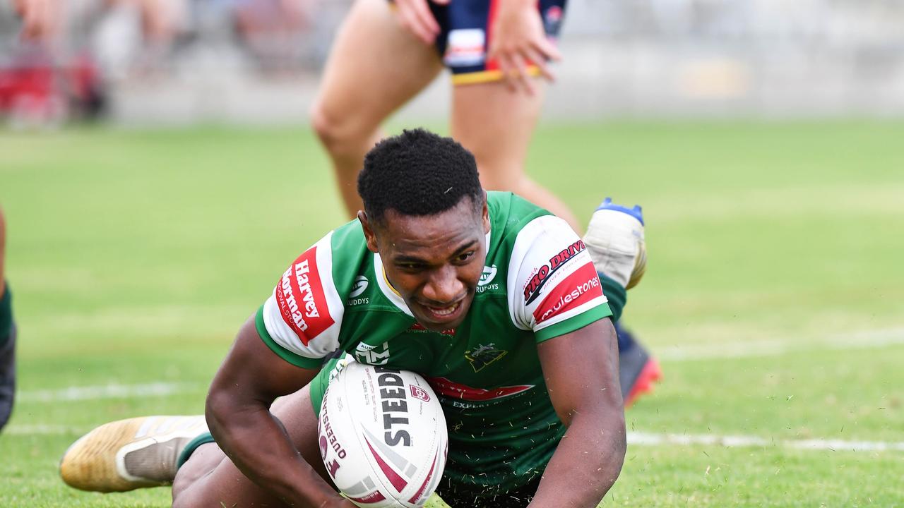 RUGBY LEAGUE: Meninga Cup between Ipswich Jets and Clydesdales. Jets, Anton Naiyep scores a try. Picture: Patrick Woods.