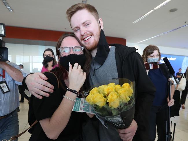 Ash McCall was very excited to see girlfriend Harriet Beard after being apart for nine months. Picture: Tait Schmaal.