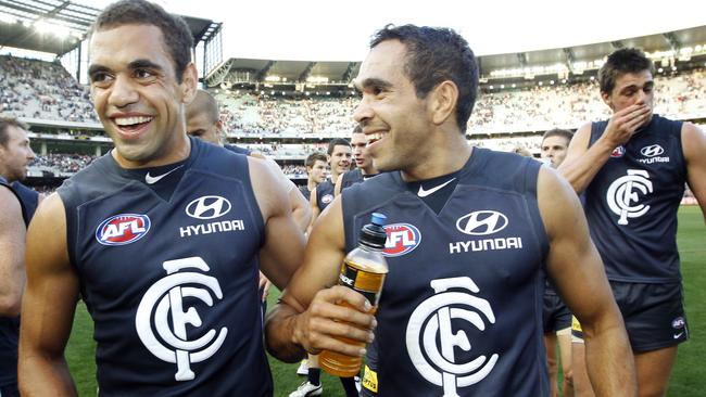 Former Blues Chris Yarran and Eddie Betts.