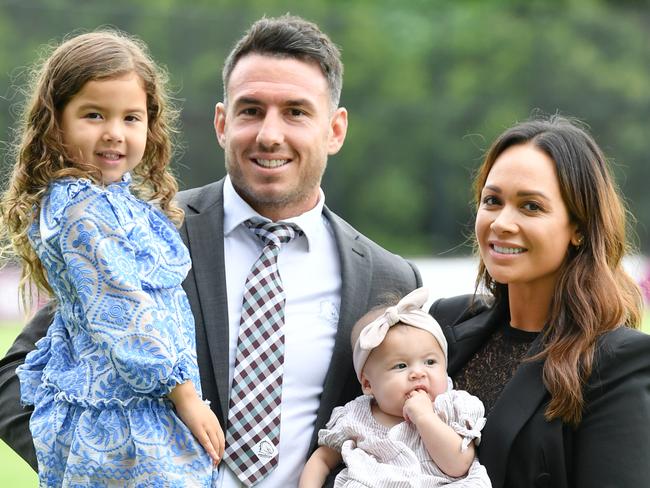 Brisbane Broncos player Darius Boyd is seen with his wife  Kayla and children Willow age 4 and Romi age 5 months after announcing his retirement from the NRL during a press conference in Brisbane, Friday, March 6, 2020. Boyd will finish his NRL career after 15 seasons at the end of the 2020 season. (AAP Image/Darren England) NO ARCHIVING