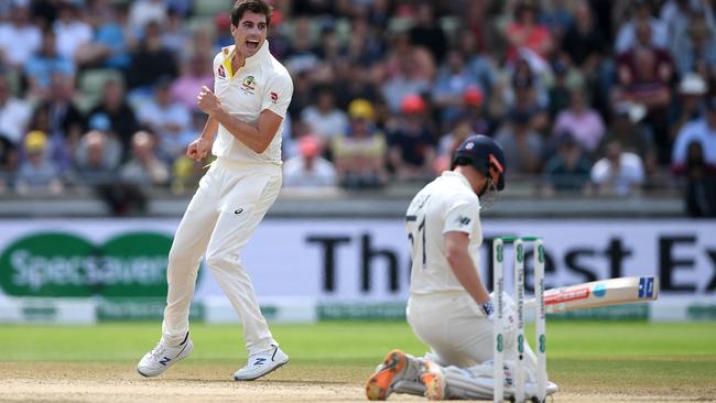 Paceman Pat Cummins removes Jonny Bairstow. Picture: Getty Images