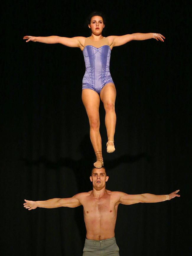Rehearsal for the Circus Showcase 2015 performed by members of The National Institute of Circus Arts. Maggie Fayne and Marty Evans during their performance of Adagio Act. Picture: Ian Currie