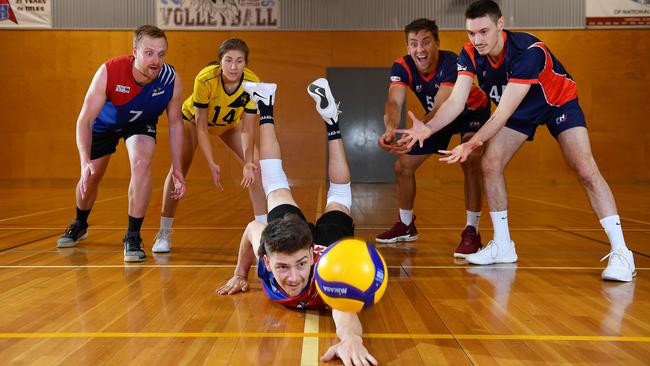 International volleyballers Harrison Peacock, Rebecca Reeve, Jordan Colotti, Sam Boehm and Jackson Holland get set for the SA grand final live stream. Picture: Mark Brake