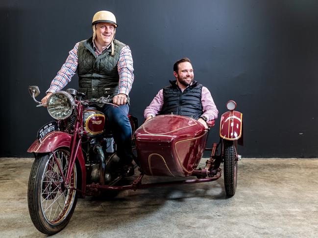 Donington Auctions directors Robbie Richards and Cameron Sabine (in pillion) ride the Triumph. Photo: Mark Dadswell