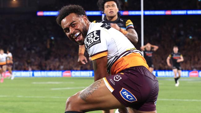 Ezra Mam scores during the 2023 NRL Grand Final between the Brisbane Broncos and the Penrith Panthers at Accor Stadium, Sydney Olympic Park. Pics Adam Head