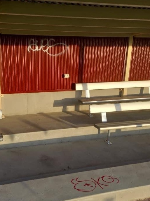 Unley Oval was graffitied after youths allegedly pulled a knife and abused Sturt players and officials during training. Picture: Sturt Football Club