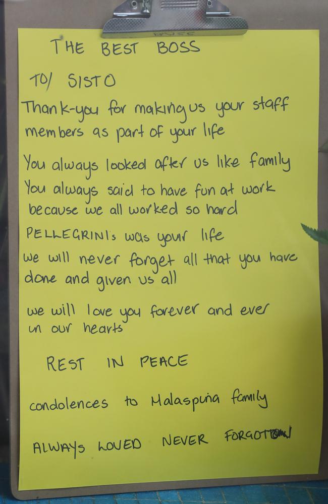 A poignant tribute to Sisto Malaspina by his staff. Picture: Alex Coppel