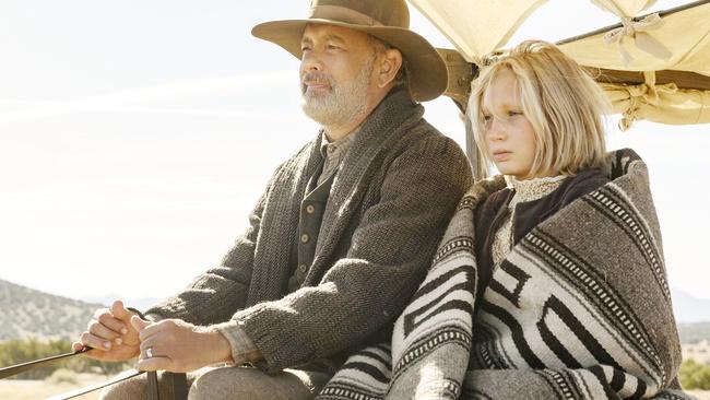 Tom Hanks, left, and Helena Zengel appear in News Of The World. Picture: AP