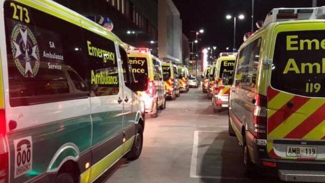 Ambulance ramping at the new Royal Adelaide Hospital on Monday night. Picture: Ambulance Employees Association’s Facebook page