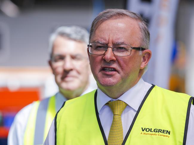 Anthony Albanese visits the bus manufacturer Volgren in Dandenong South in Melbourne. Picture: NCA NewsWire / Wayne Taylor