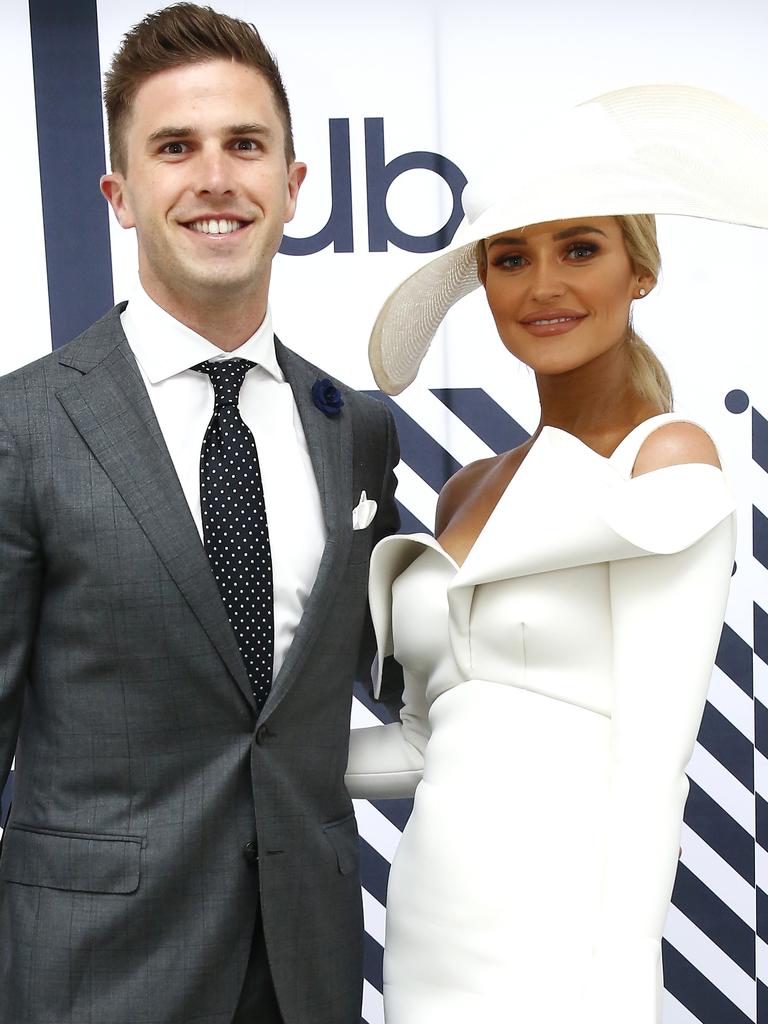 Carlton footballer Marc Murphy and wife Jessie Murphy arrive at AAMI Victoria Derby Day at Flemington Racecourse. Picture: Getty Images