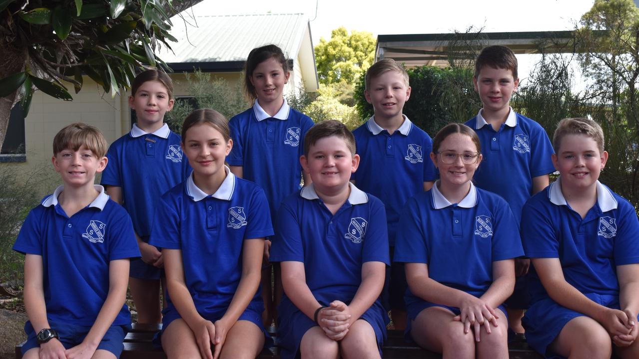 Warwick West State School 2022 leaders (back) vice captain Molly Grant, school captains Amelia Kuhn and Mason Davey, vice captain Liam Wren with (front) Cordeaux house captain Finn Campbell, Mitchell house captains Ella Rhodes and Carter Goodwin, and Sturt house captains Mya Farrell and Jackson Dwan. Absent: Sophia Schramm, Cordeaux house captain