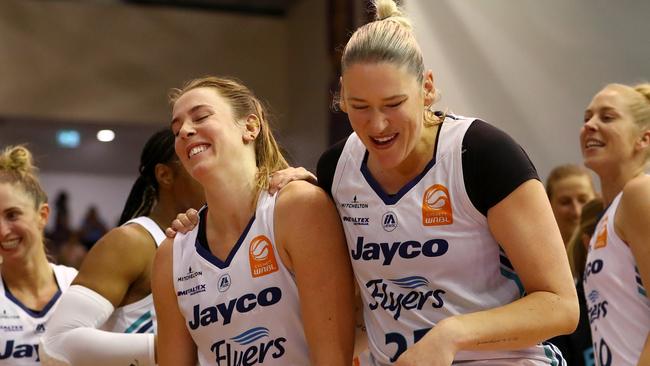 Sara Blicavs and Lauren Jackson share a laugh. Picture: Kelly Defina/Getty Images