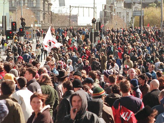 S-11 protests against the World Economic Forum at Crown Casino in 2000. Picture: Craig Hughes