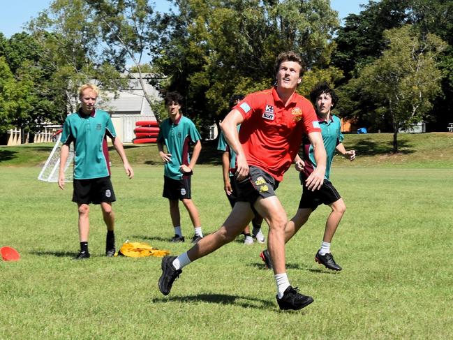 Gold Coast Suns AFL player Charlie Ballard at a training session held on O'Loughlin Catholic College grounds for middle school students. Picture: Sierra Haigh