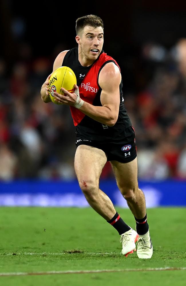 Zach Merrett and the Bombers beat the Crows in controversial circumstances earlier this season. Can Adelaide push them again? Picture: Albert Perez/AFL Photos via Getty Images.
