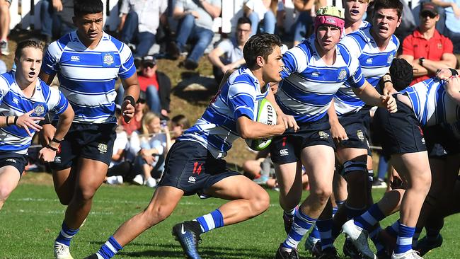 Nudgee College winger Trezman Banjo scored an incredible try against Gregory Terrace. Picture: AAP image/John Gass