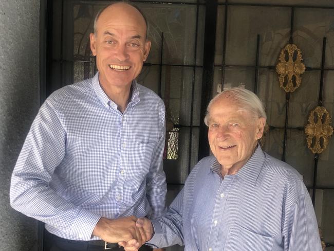 Veterans Affairs Minister Guy Barnett, left, who is helping lead the push for a posthumous Victoria Cross for Teddy Sheean, with Dr Raymond Leonard.