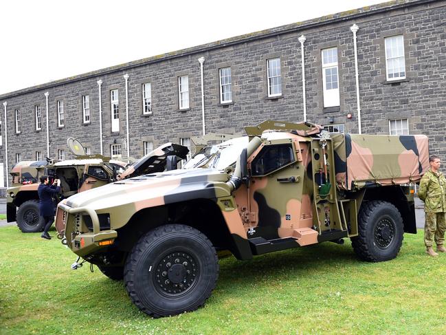 A Hawkei vehicle built in Bendigo by Thales Australia at Victoria Barracks Melbourne. Picture: Julian Smith