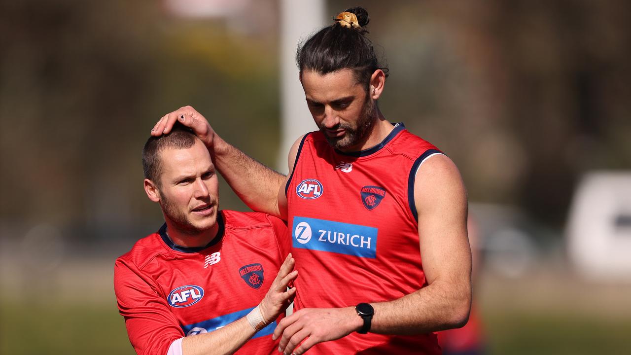 Ed Langdon with Brodie Grundy at Demons training. Picture: Robert Cianflone/Getty Images