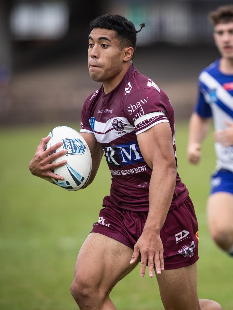 Wollongong, Australia. 29th July, 2023. Tolutau Koula of the Sea Eagles  scores a try during the NRL Round 22 match between the St. George Illawarra  Dragons and the Manly Warringah Sea Eagles