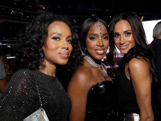 Meghan Markle with Kerry Washington and Kelly Rowland at SoFi Stadium. Picture: Kevin Mazur/WireImage for Parkwood