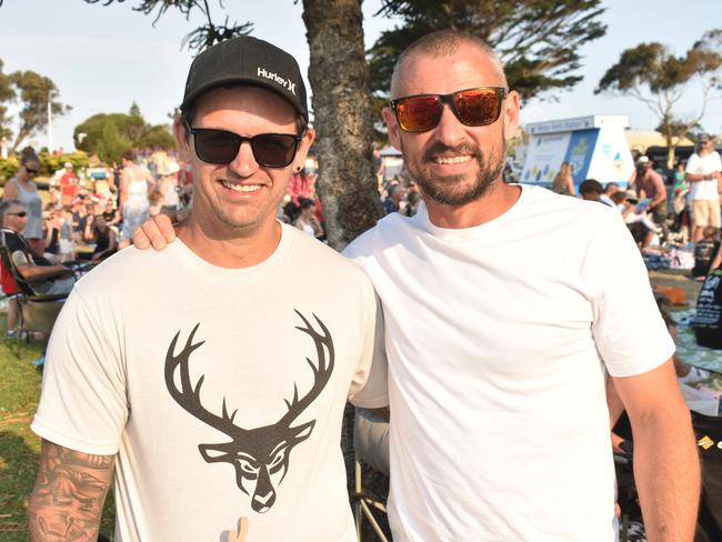 Travis McCredden and Andrew Doig at the San Remo Christmas Carols at the foreshore on Friday, December 20, 2024. Picture: Jack Colantuono