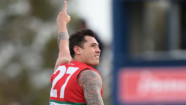 Former AFL player Aaron Edwards booted four goals to help Pines beat Sorrento by 13 points in the second semi-final on Sunday. Picture: Jason Sammon