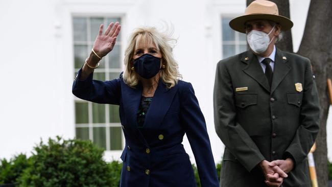 US first lady Jill Biden after planting a Linden Tree on the North Lawn of the White House in Washington on Friday. Picture: AFP