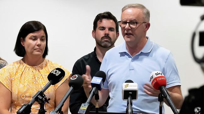 NT Chief Minister Natasha Fyles and NT Attorney-General Chansey Paech have stood by their government’s line alcohol policies were part of a ‘race-based policy’, even as Prime Minister Anthony Albanese flew to Alice Springs to address the crisis. Picture: NCA NewsWire / Sabine Haider