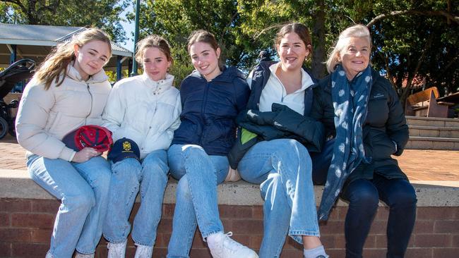 Libby Frame (left), Clare Edwards, Margo Edwards, Lucy Mitchell and Margie Mitchell. Toowoomba Grammar School and Downlands College rugby. The annual O'Callaghan Cup was held at Toowoomba Grammar. Saturday August 19, 2023