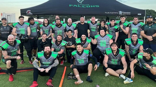 Louis-Gaston Rancourt (back row, sixth from right, #45) and his Cairns Falcons teammates after they suffered a 38-12 loss to Townsville Cyclones in their first game of the 2021-22 North Queensland Gridiron League. Picture: Facebook