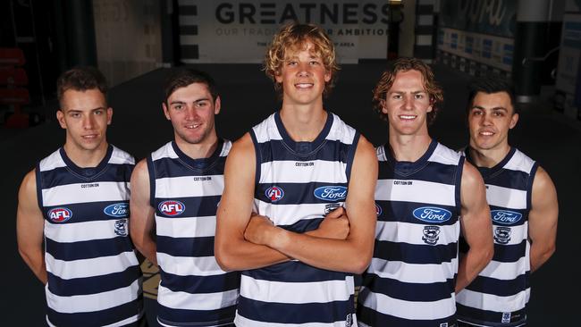 Evans (far left) with fellow 2019 Cats draftees including premiership players Sam De Koning, and Brad Close/ Picture: Dylan Burns/AFL Photos via Getty Images