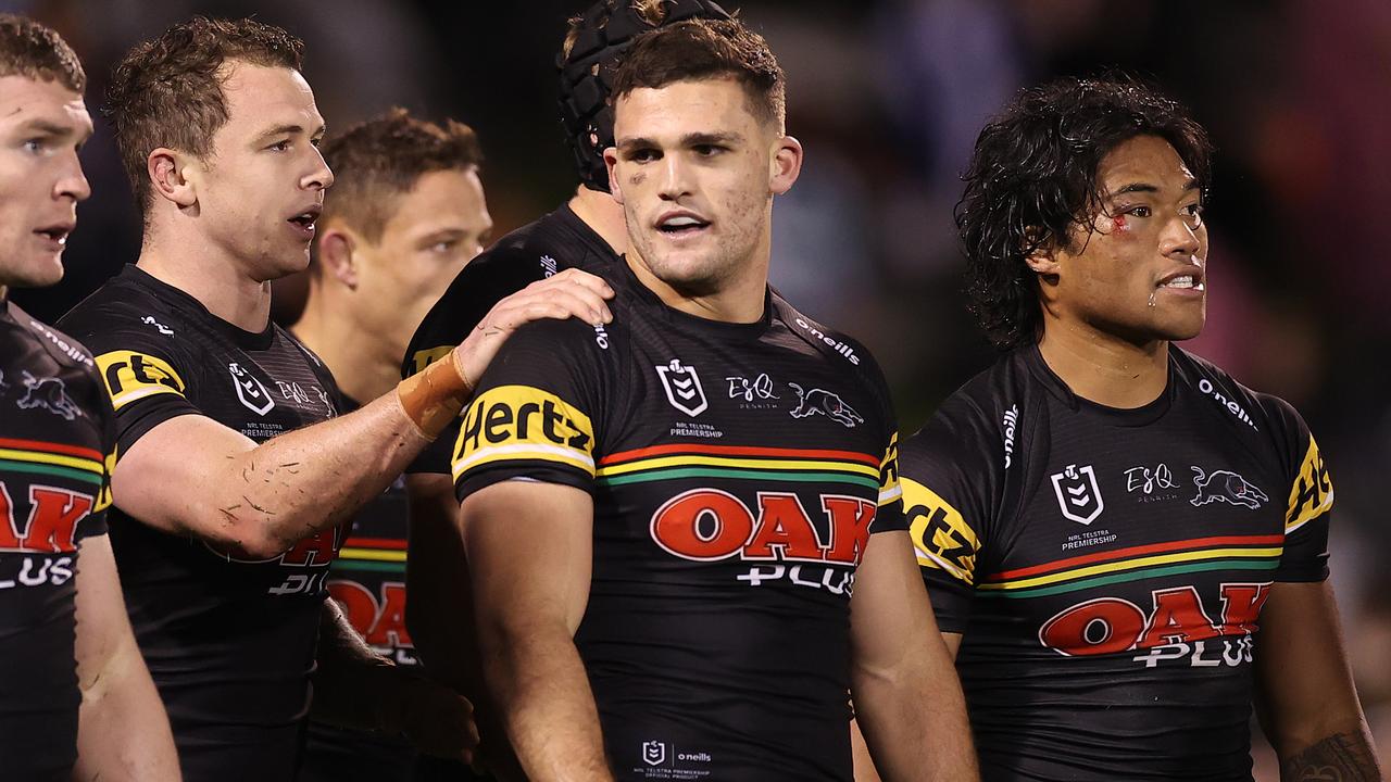 PENRITH, AUSTRALIA - JUNE 18: Nathan Cleary of the Penrith Panthers celebrates after scoring a try during the round 15 NRL match between the Penrith Panthers and the Sydney Roosters at Panthers Stadium, on June 18, 2021, in Penrith, Australia. (Photo by Mark Kolbe/Getty Images)