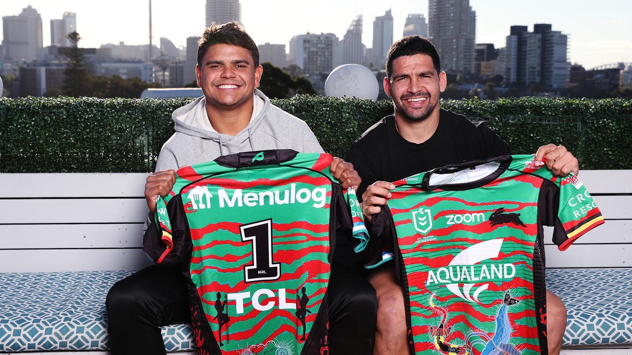 Latrell Mitchell and Cody Walker with the Rabbitohs' Indigenous Round jersey. Picture: Brett Costello