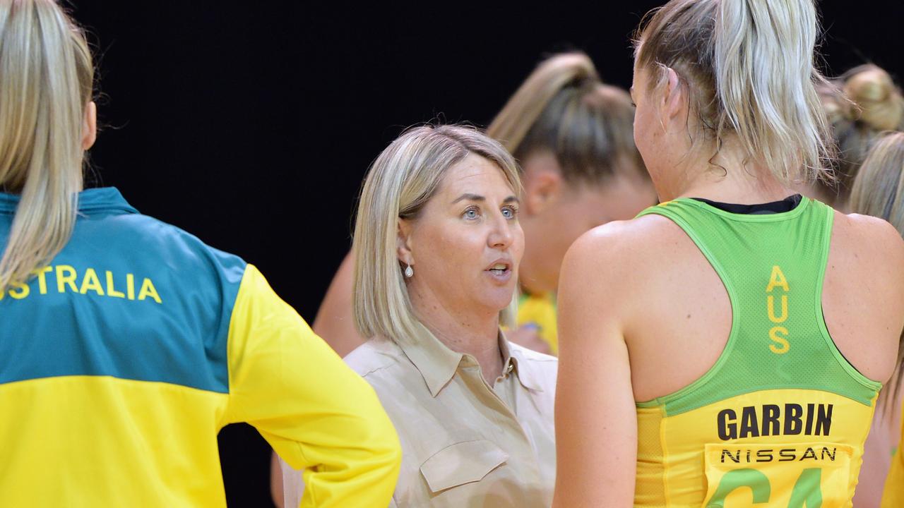 Head Coach Stacey Marinkovich of Australia speaks to Sophie Garbin. Picture: Getty Images