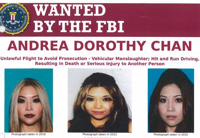 Andrea Dorothy Chan Reyes is wanted by US authorities for allegedly being involved in a hit-run accident that killed Agustin Rodriguez Jr in January 2017. Picture: FBI