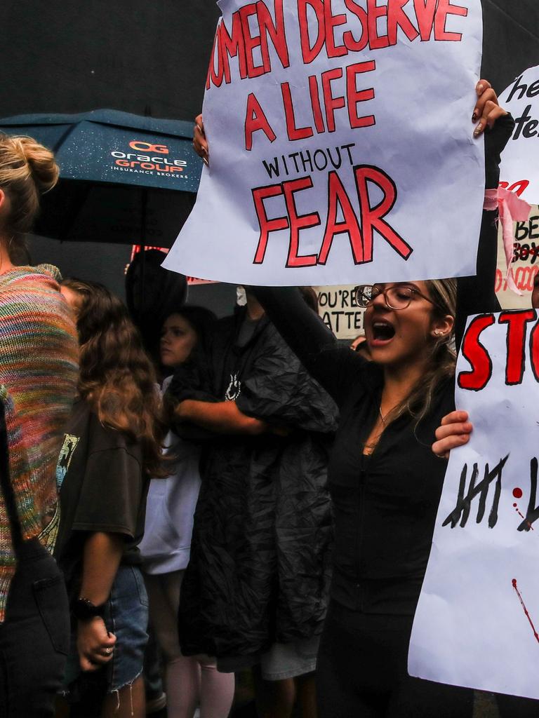 Protesters chant a slogan during a rally against gender-based violence following what happened to Audrey. Picture: Getty Images)