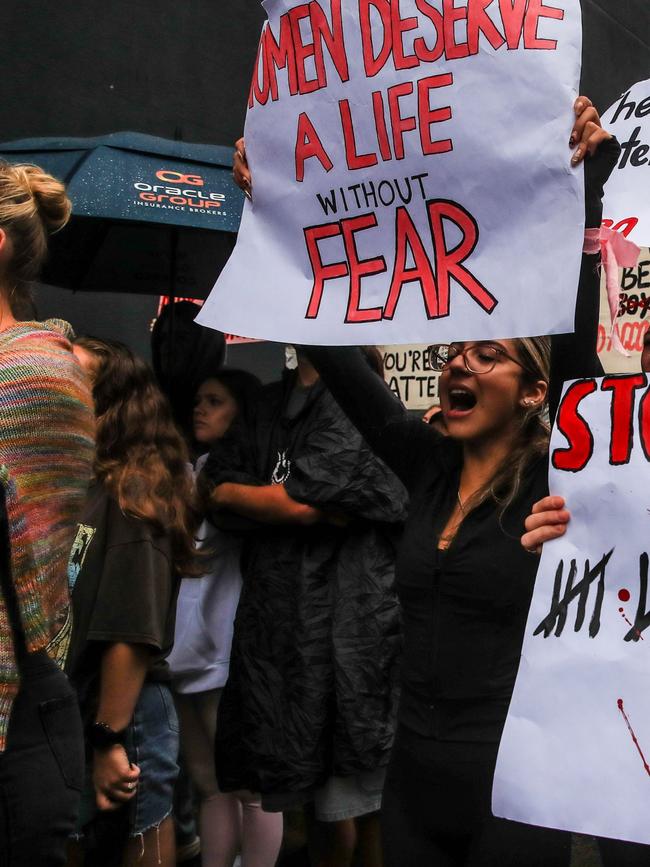 Protesters chant a slogan during a rally against gender-based violence following what happened to Audrey. Picture: Getty Images)