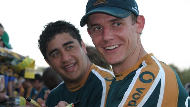 Wallabies Morgan Turinui and Stephen Larkham in Darwin ahead of the 2003 World Cup Photo Wallabies Media Unit