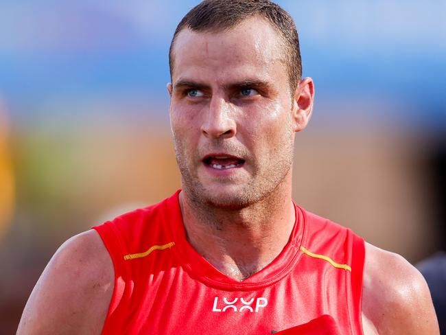 GOLD COAST, AUSTRALIA - MARCH 09: Jarrod Witts of the Suns looks on at the quarter time break during the 2024 AFL Opening Round match between the Gold Coast SUNS and the Richmond Tigers at People First Stadium on March 09, 2024 in Gold Coast, Australia. (Photo by Dylan Burns/AFL Photos via Getty Images)