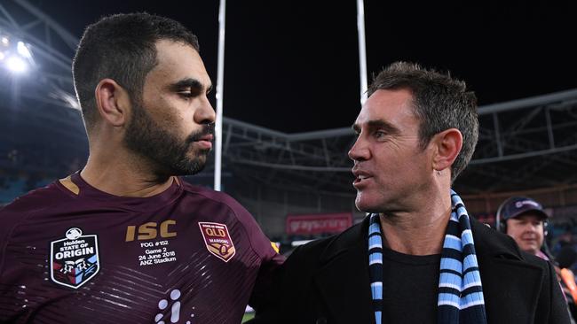 Greg Inglis of the Queensland Maroons congratulates NSW Blues coach Brad Fittler after Origin II. Picture: AAP Image