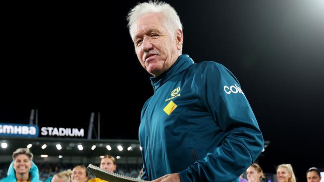 GEELONG, AUSTRALIA - DECEMBER 07: Australia Interim Head Coach, Tom Sermanni speaks to players following the International Friendly Match between the Australia Matildas and Chinese Taipei at GMHBA Stadium on December 07, 2024 in Geelong, Australia. (Photo by Morgan Hancock/Getty Images)