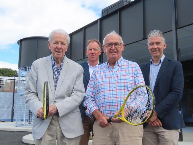 Launceston tennis legend Don Wing with life members Andrew Youl (back) and Philip Bowden (front) and Tennis Tasmania general manager Darren Sturgess at the opening of Launceston Tennis' new clubhouse on Wednesday. Picture: Jon Tuxworth