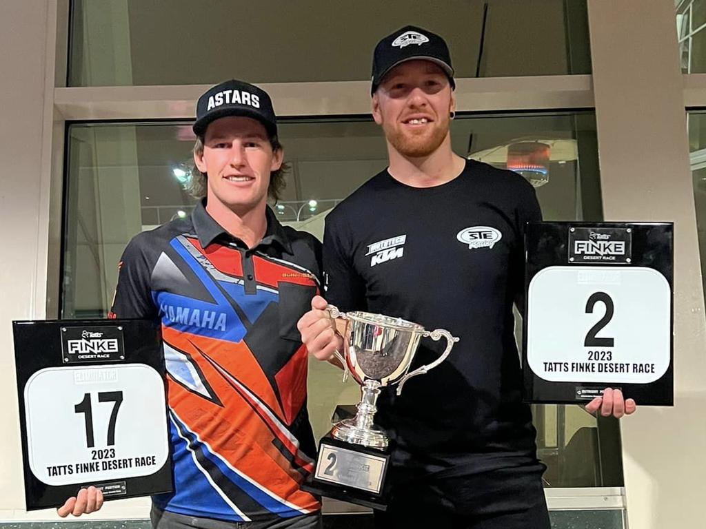 Jack Mentha (left) with good mate Callum Norton celebrating their 2023 Finke finishes. Picture: Jack Mentha Facebook.