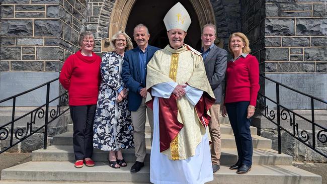 Vinnies Tasmania Southern region president Louise Wilson, chief executive officer Heather Kent, National President and Chair of St Vincent de Paul Society Australia Mark Gaetani, Catholic Archbishop of Hobart Julian Porteous, state president Corey McGrath, and North West region president Karen Maynard.