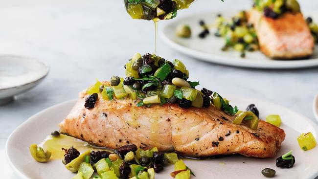 Bridget Jones’s pan-fried salmon with pine nut salsa. From <i>Ottolenghi Simple</i> by Yotam Ottolenghi. Picture: Jonathan Lovekin