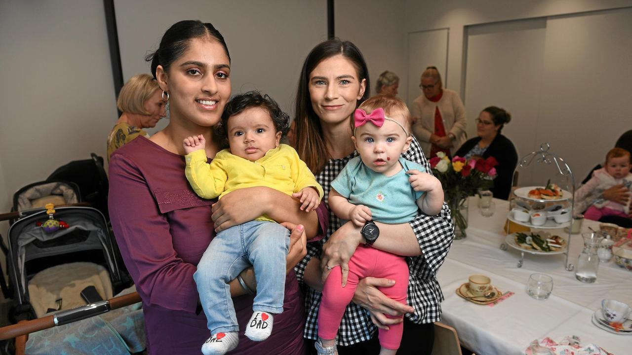 Kate and Achint Birk and Kelli Myatt and Gemma Tuskes at a morning tea to celebrate the first anniversary of St Andrew’s Ipswich Private Hospital’s women and children’s health unit in 2019.