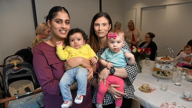 Kate and Achint Birk and Kelli Myatt and Gemma Tuskes at a morning tea to celebrate the first anniversary of St Andrew’s Ipswich Private Hospital’s women and children’s health unit in 2019.